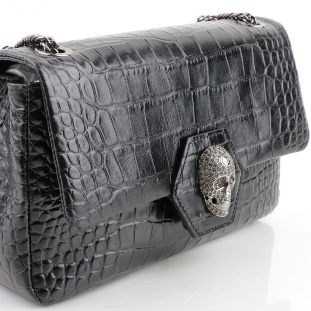 PHILIPP PLEIN EMBOSSED BLACK LEATHER CRYSTAL SKULL SHOULDER BAG
